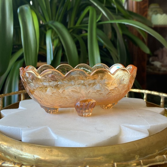 1950’s Jeannette Floragold Marigold Iridescent Carnival Glass Vintage Candy Dish - Picture 7 of 11